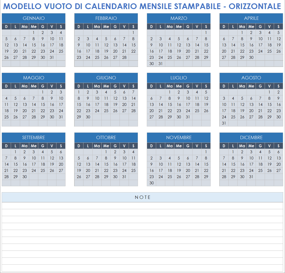 Modello vuoto di calendario mensile stampabile 2025 in formato orizzontale