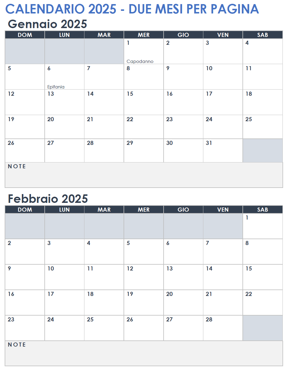 Calendario 2025 da due mesi per pagina