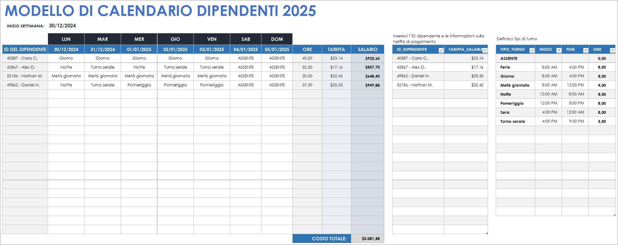 Modello di calendario dipendenti 2025