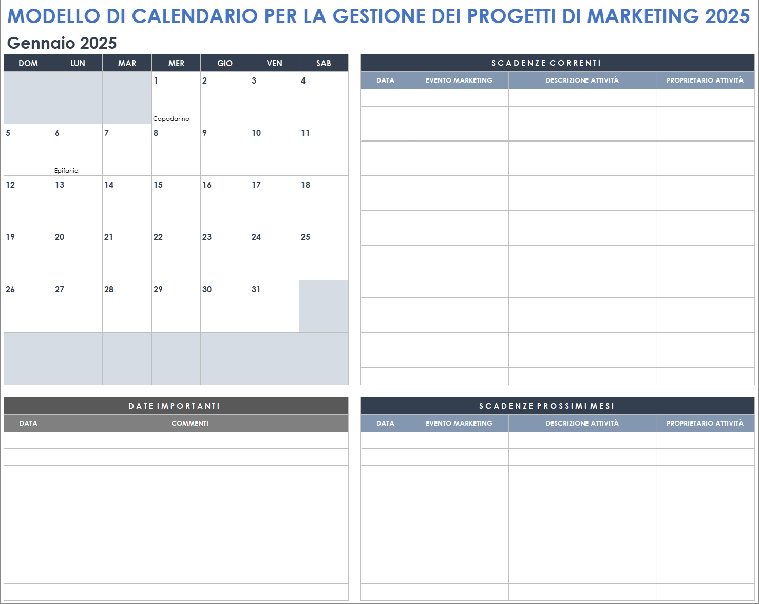 Modello di calendario per la gestione dei progetti di marketing 2025