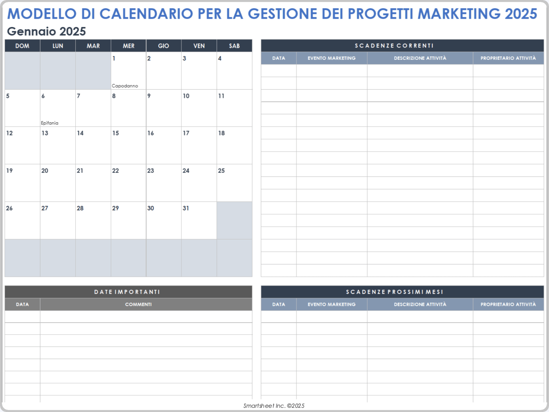 Modello di calendario per la gestione dei progetti di marketing 2025