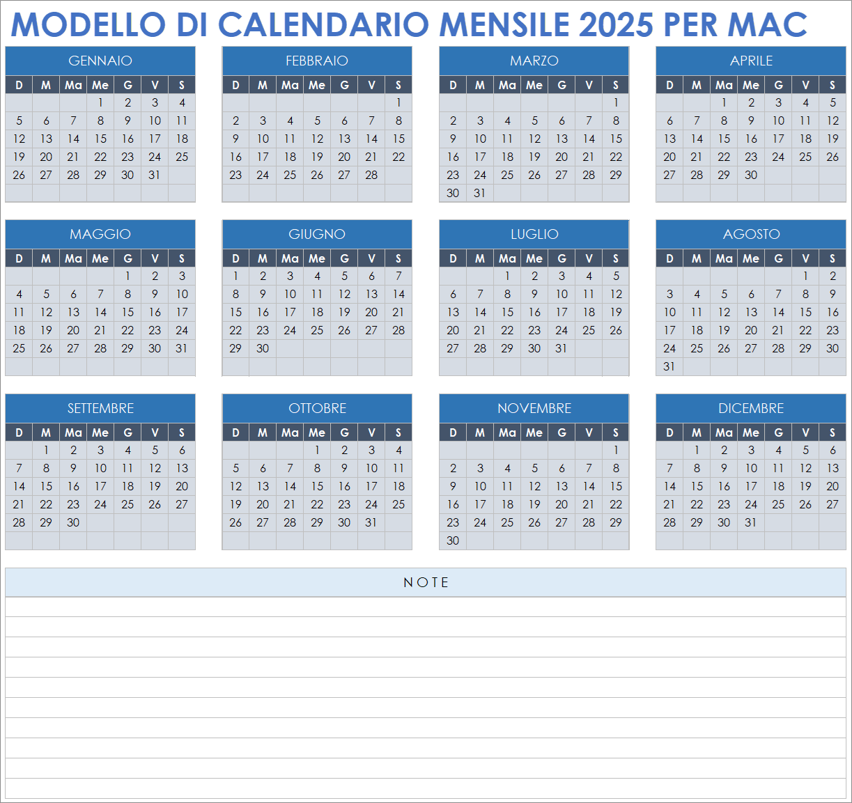 Modello di calendario mensile 2025 per Mac