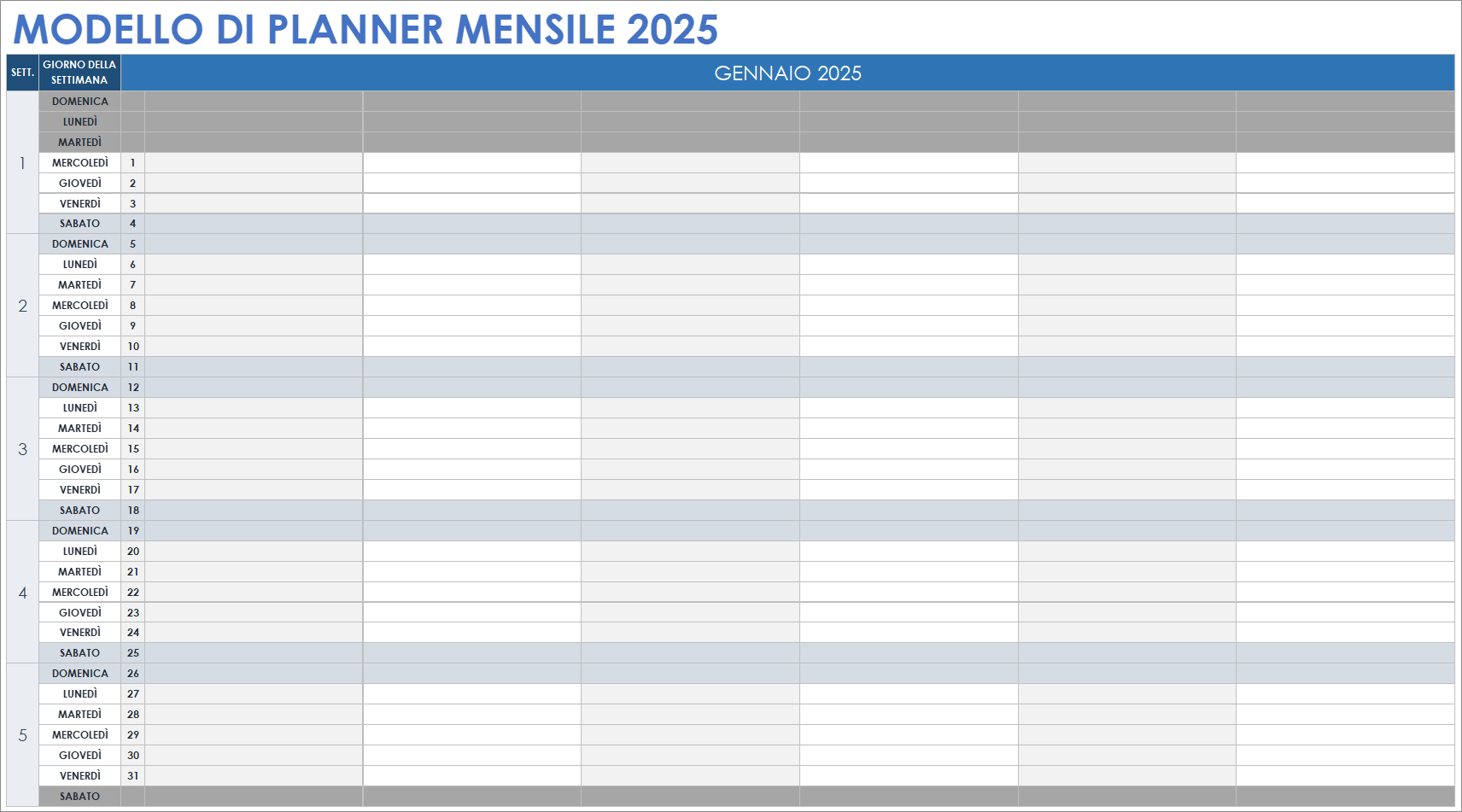 Modello di planner mensile 2025