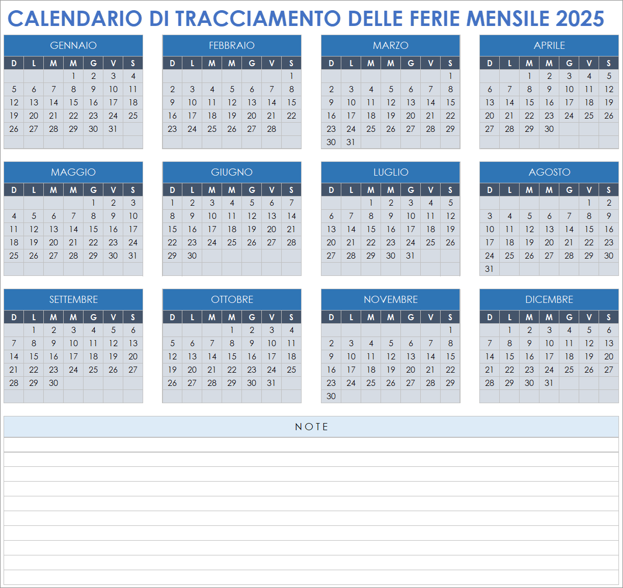 Calendario mensile di monitoraggio delle vacanze 2025