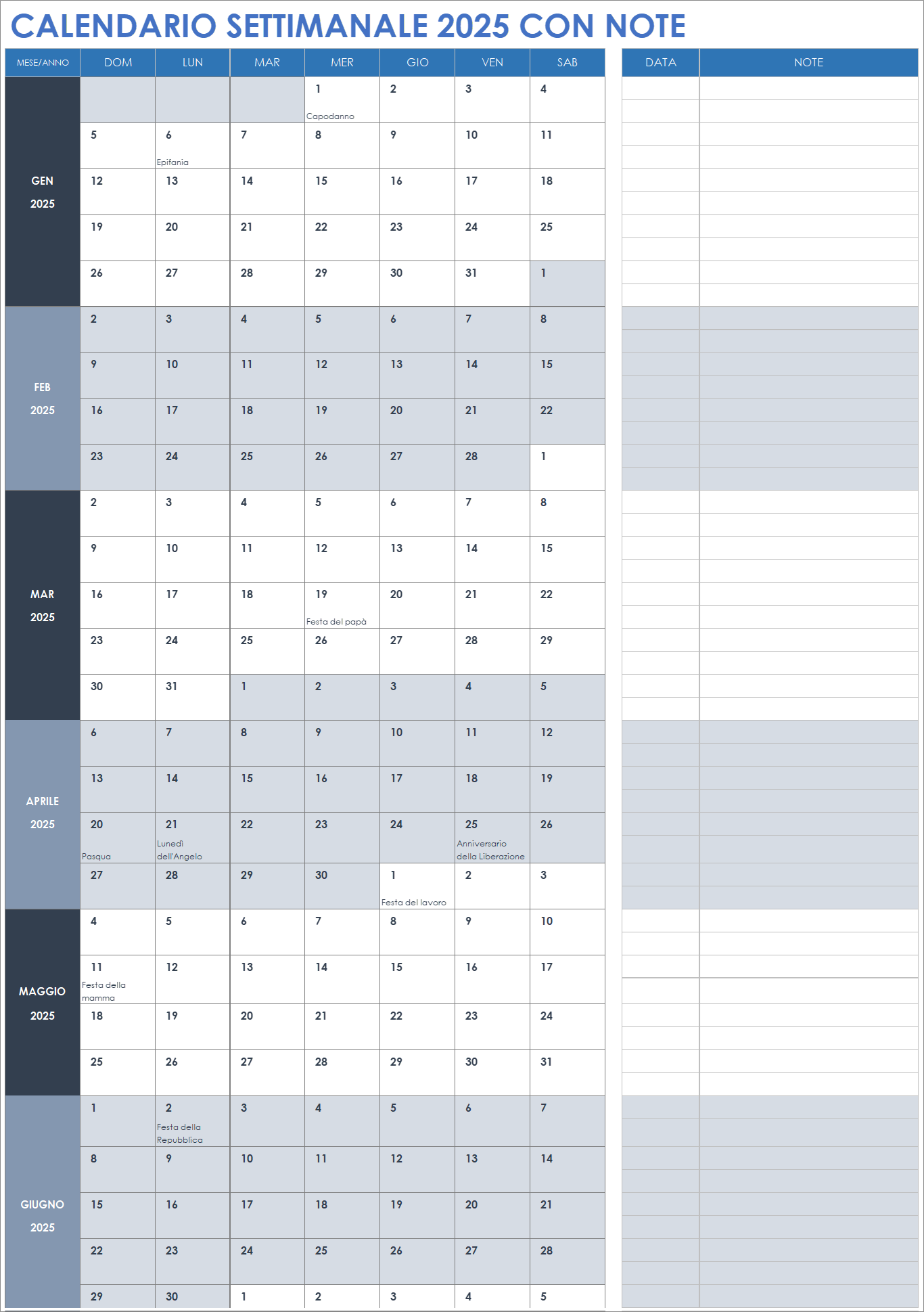 Calendario settimanale 2025 con note