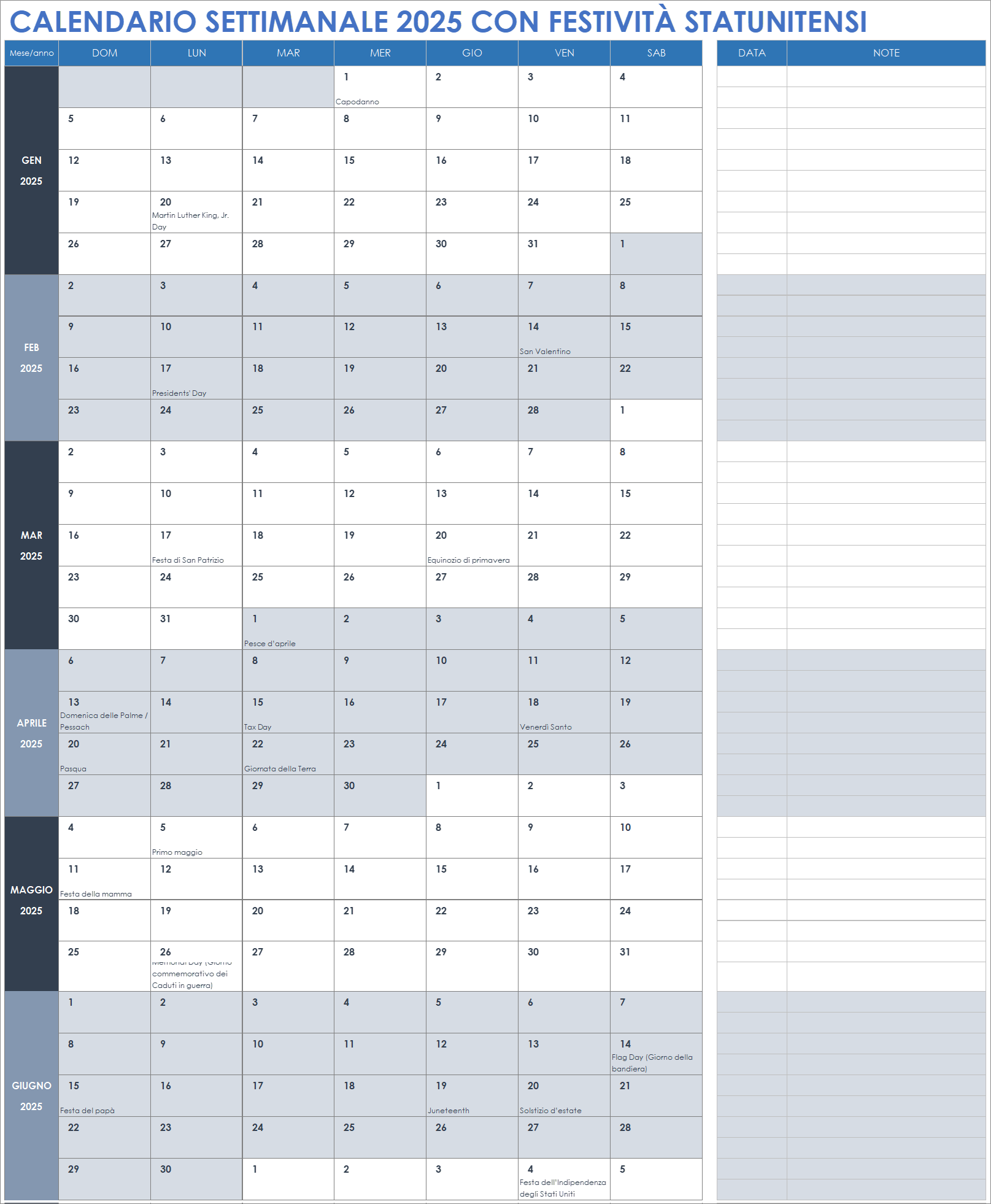 Calendario settimanale 2025 con festività statunitensi