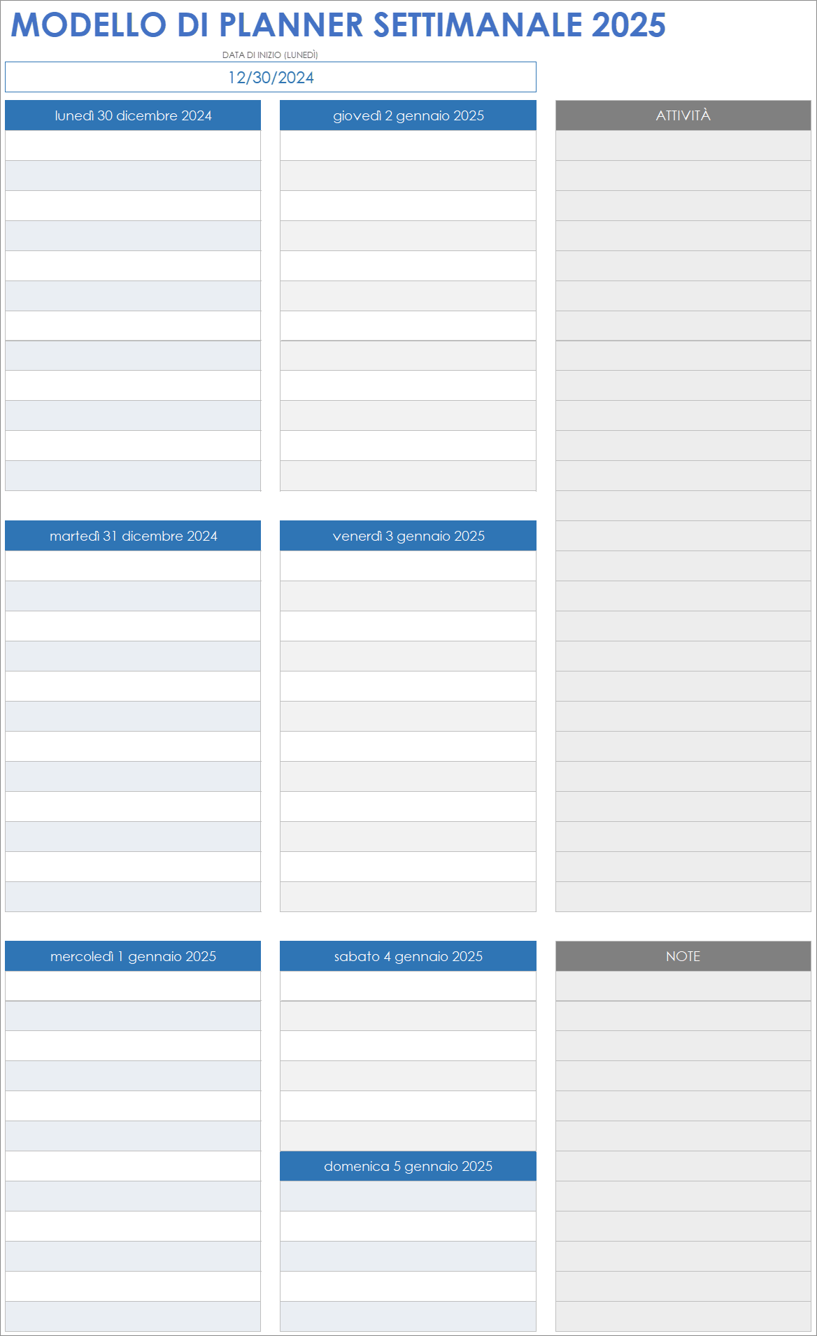 Modello di planner settimanale 2025