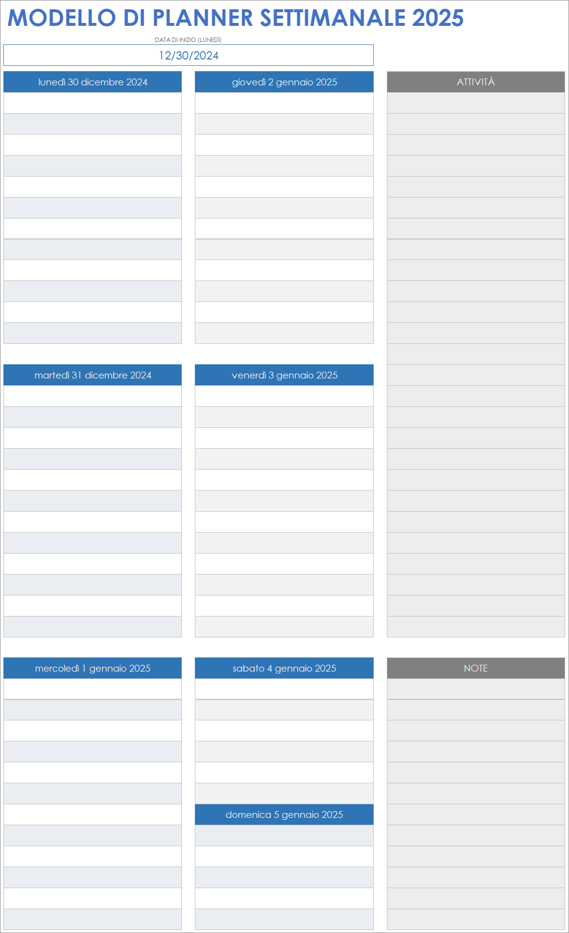 Modello di planner settimanale 2025