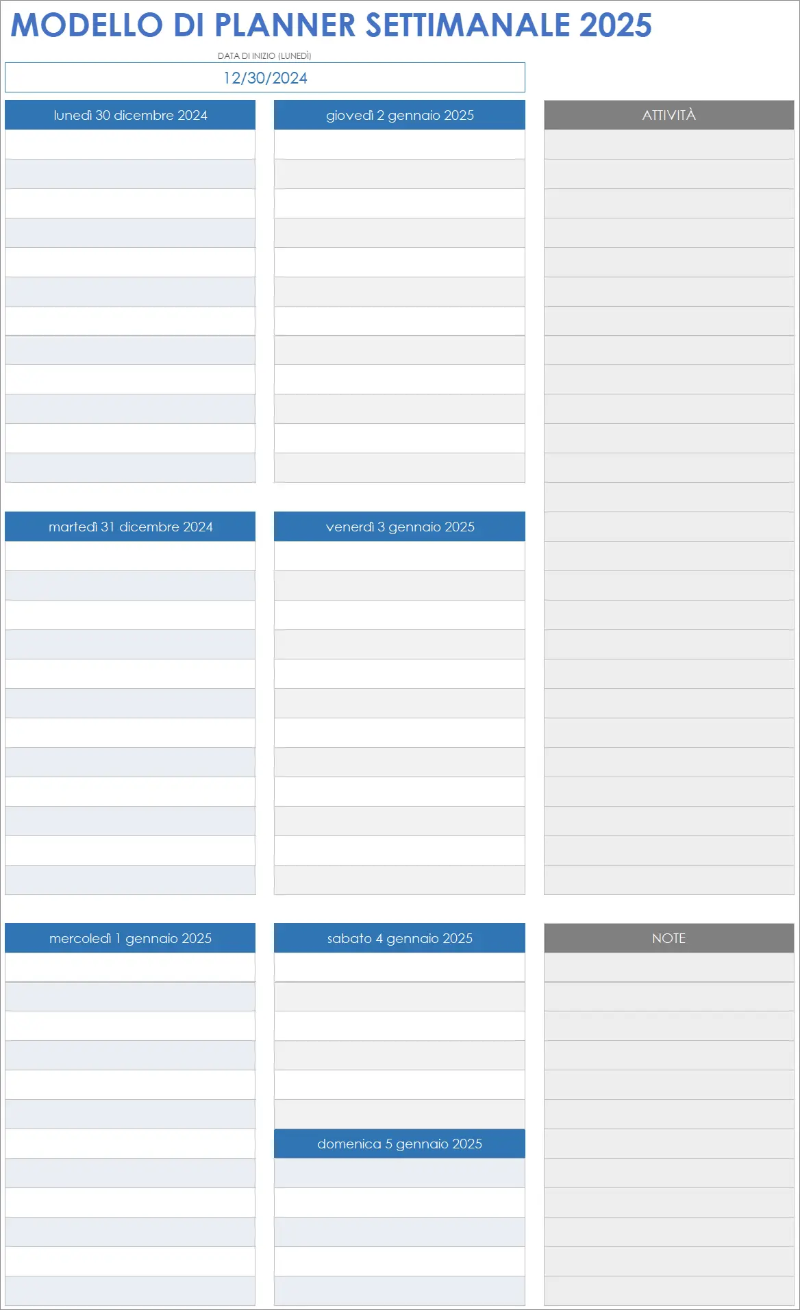 Modello di project planner settimanale 2025 con note