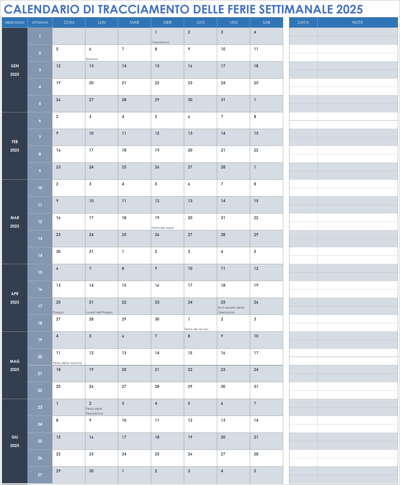 Calendario settimanale di tracciamento delle ferie 2025