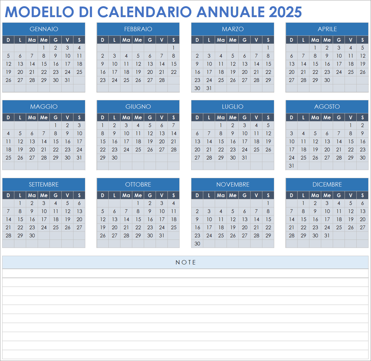 Modello di calendario annuale 2025