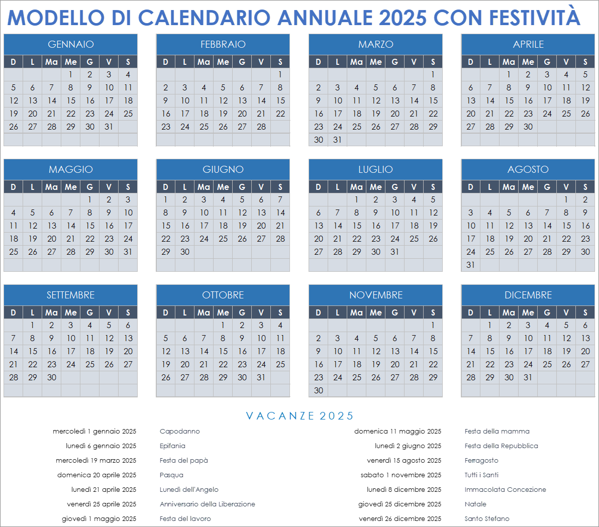 Modello calendario annuale 2025 con festività