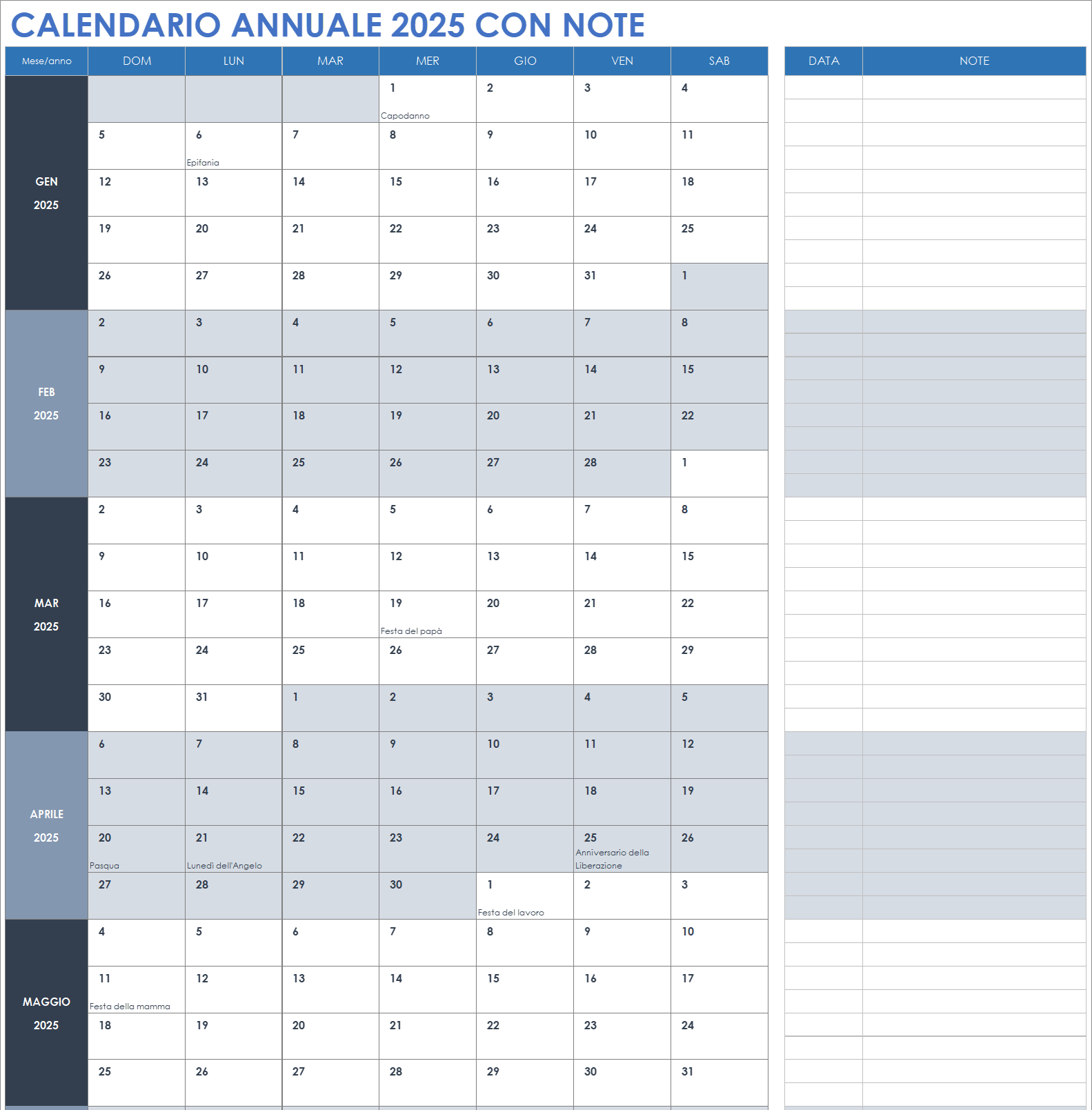 Calendario annuale 2025 con note