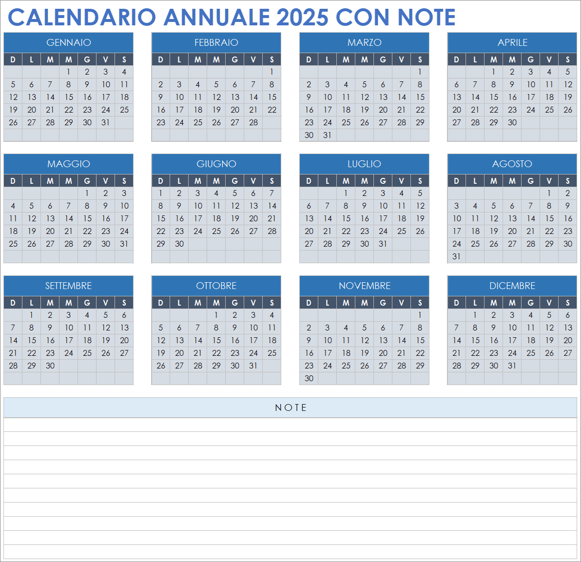 Calendario annuale 2025 con note