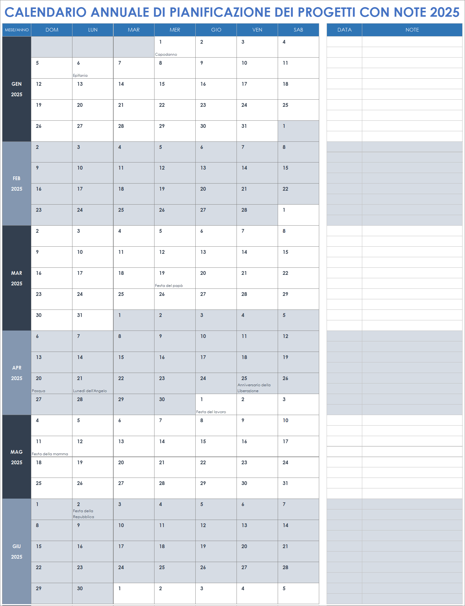 Calendario annuale di pianificazione dei progetti con note 2025