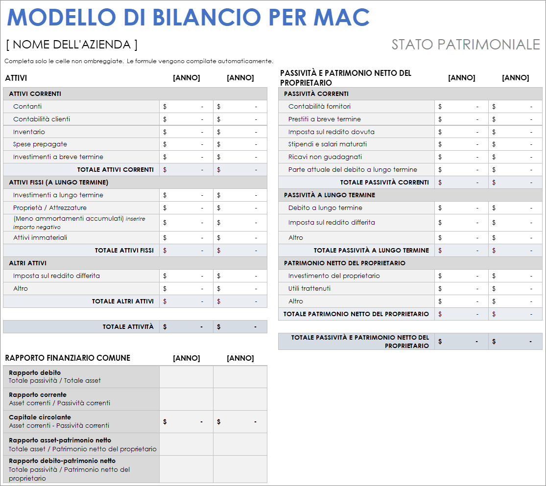 Modello di bilancio per Mac