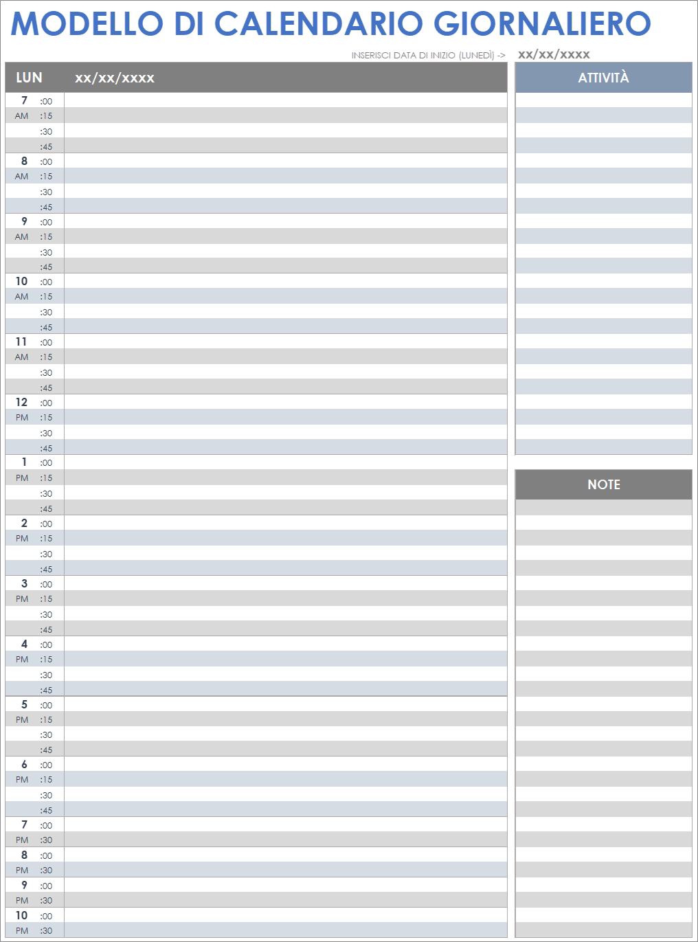 Modello di calendario giornaliero