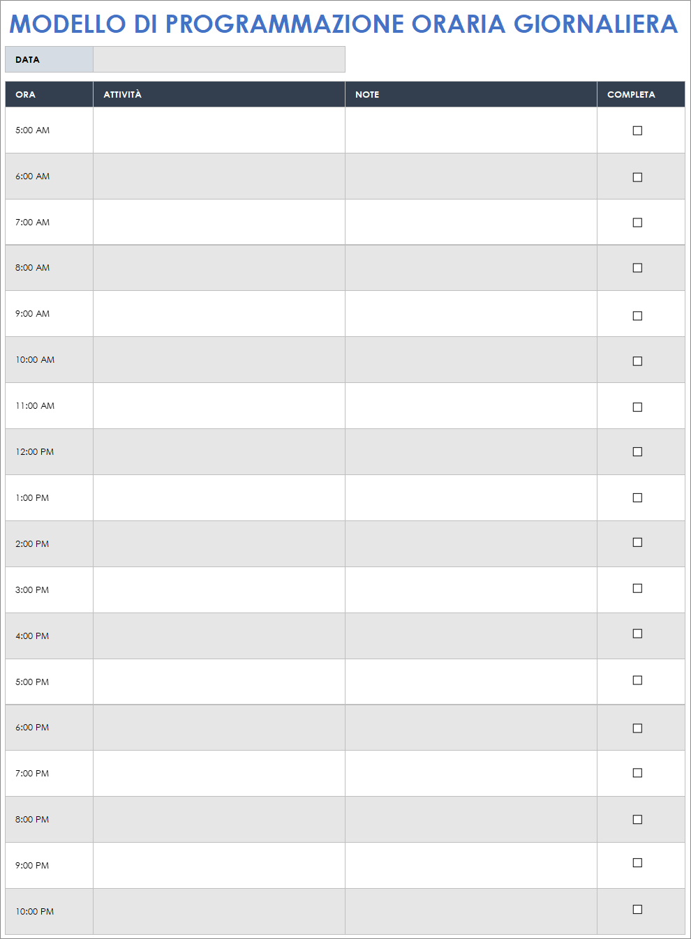 Modello di piano orario giornaliero