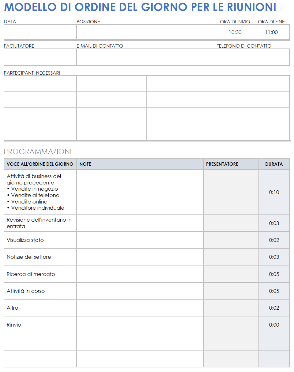 Modello di ordine del giorno per i meeting