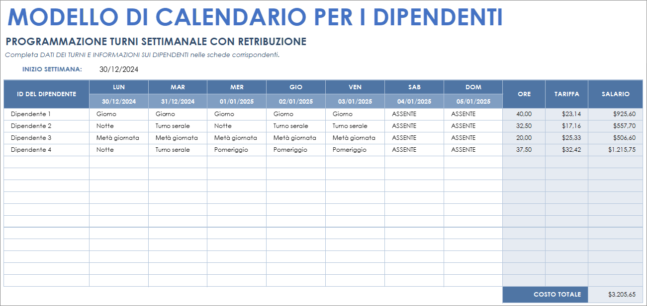 Modello di calendario per i dipendenti