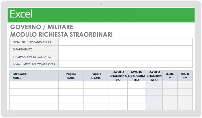 Modello di modulo di richiesta per straordinari governativi/militari