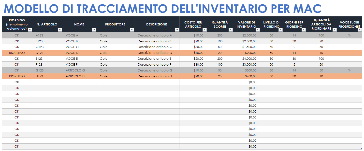 Modello di tracciamento dell'inventario per Mac