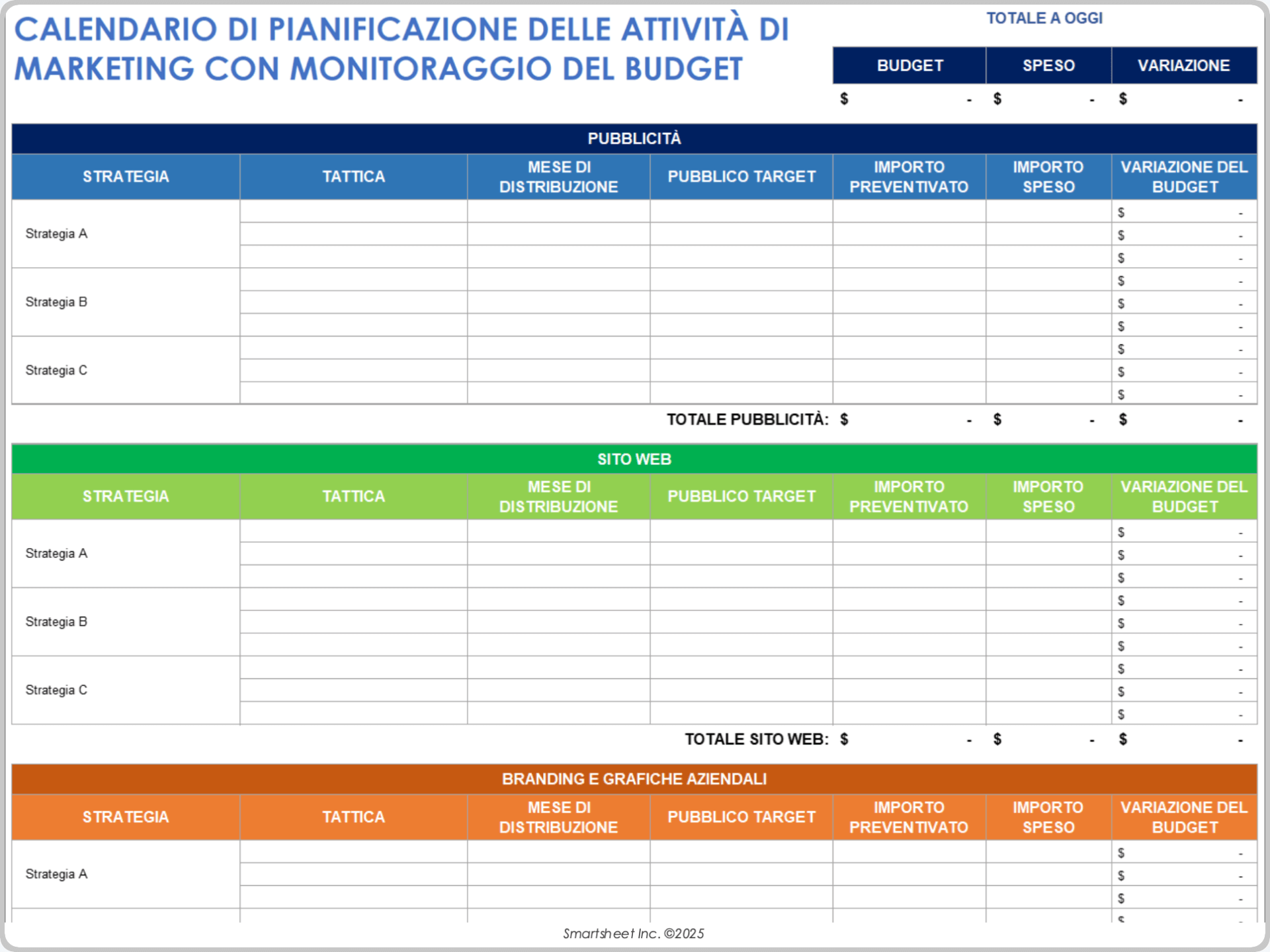 Calendario del piano di marketing con modello di monitoraggio del budget