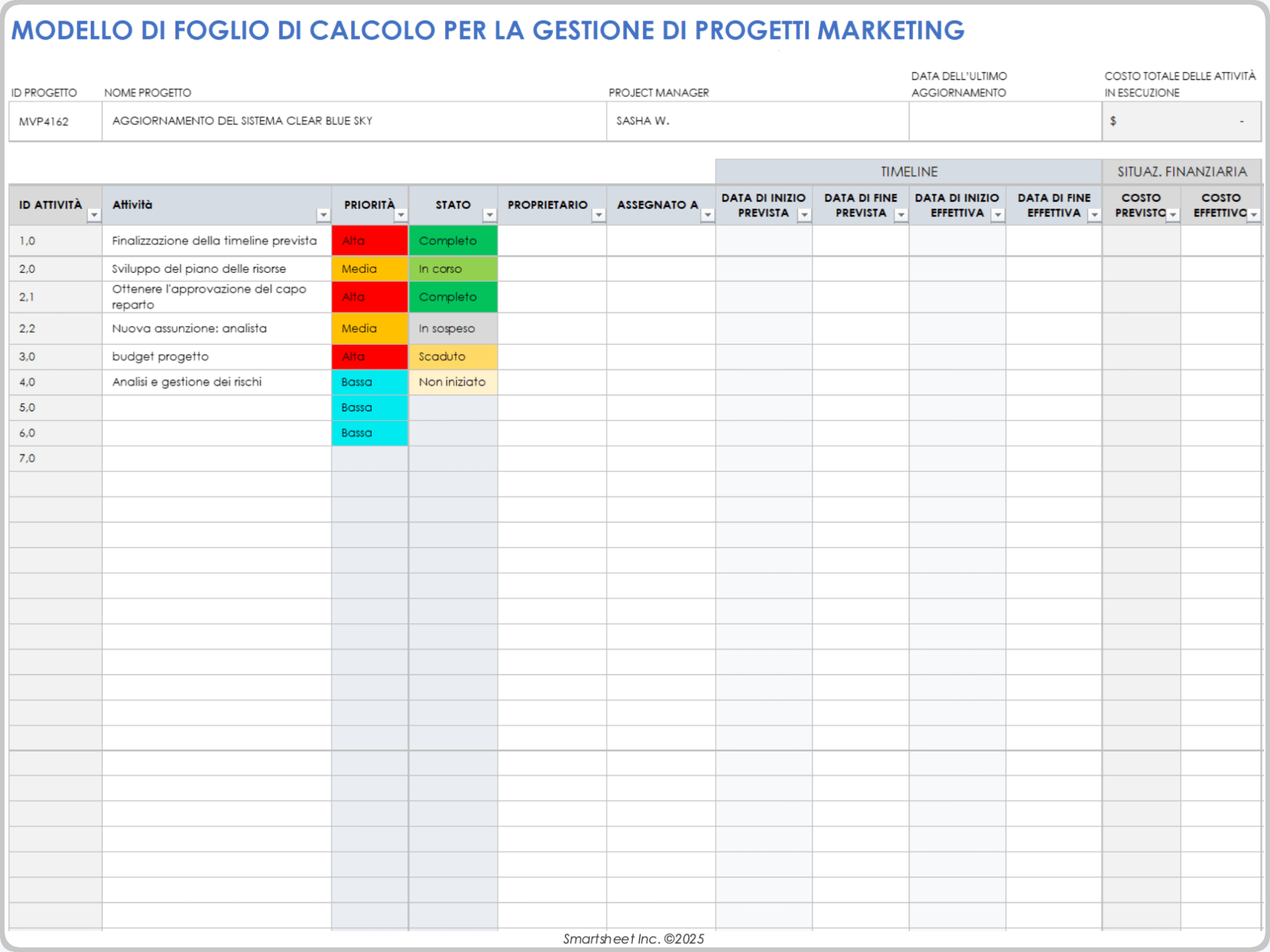 Modello di foglio di calcolo per la gestione dei progetti di marketing