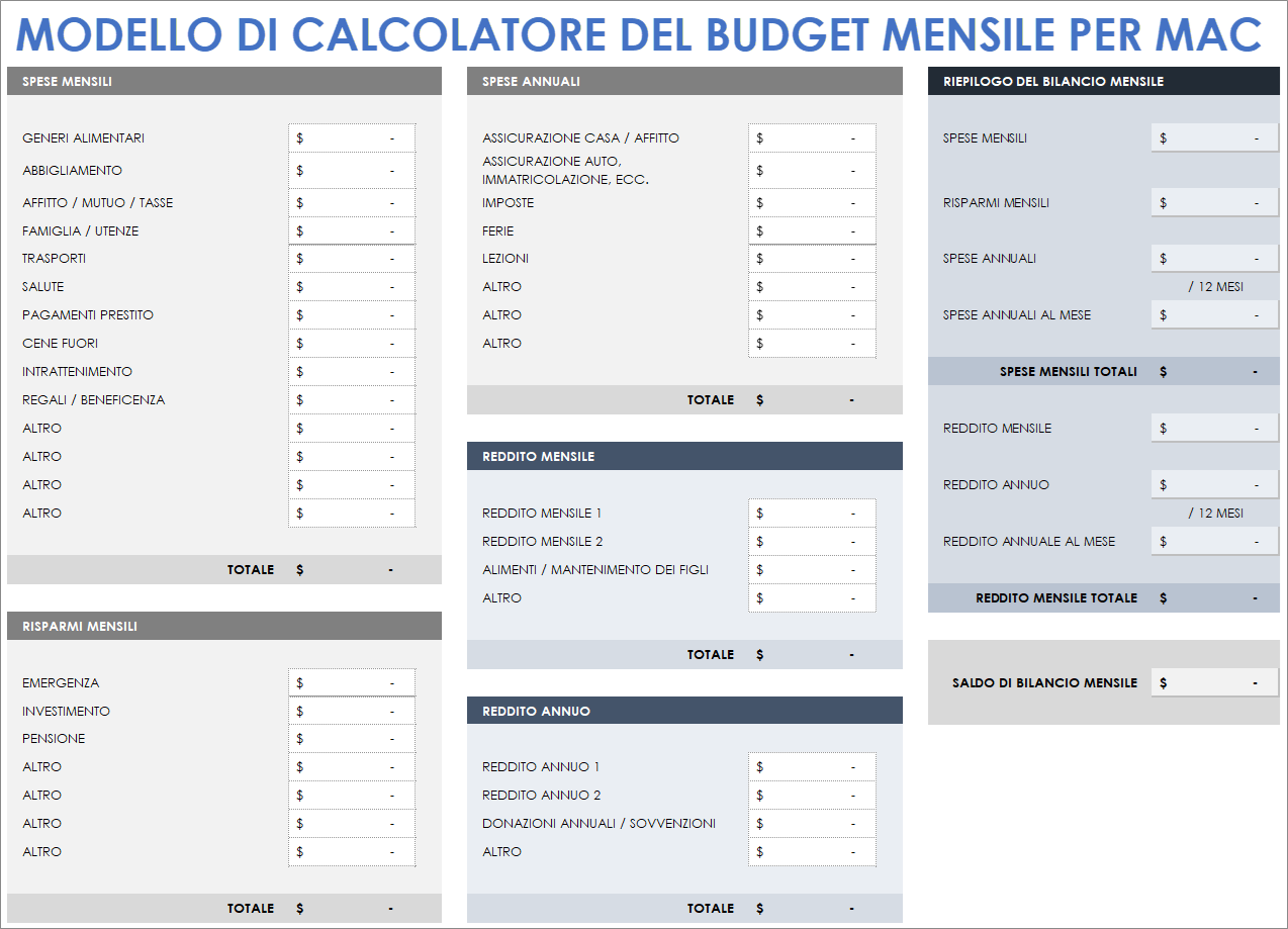 Modello calcolatore di budget mensile per Mac