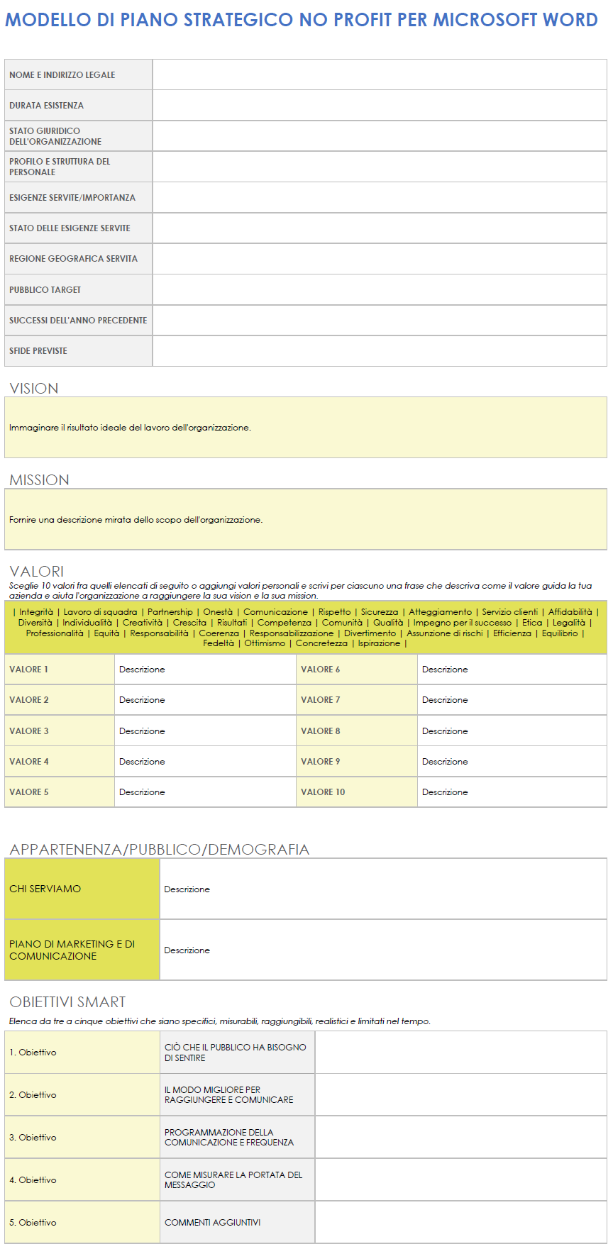 Modello di pianificazione strategica per organizzazione non profit di Microsoft Word