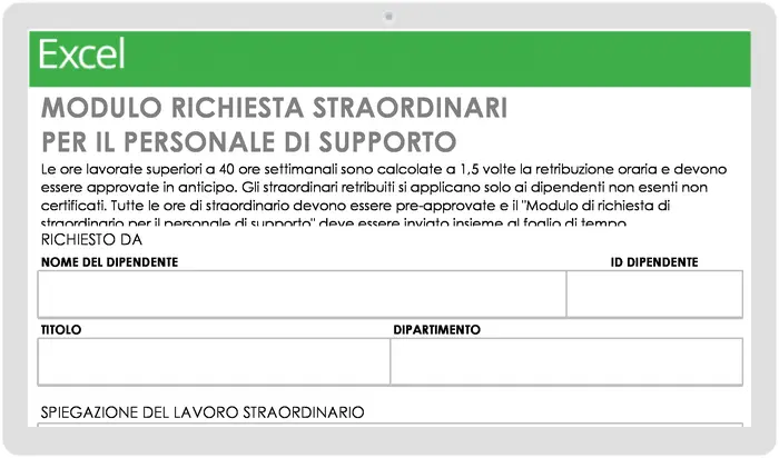 Modello di modulo di richiesta straordinari per il personale di supporto