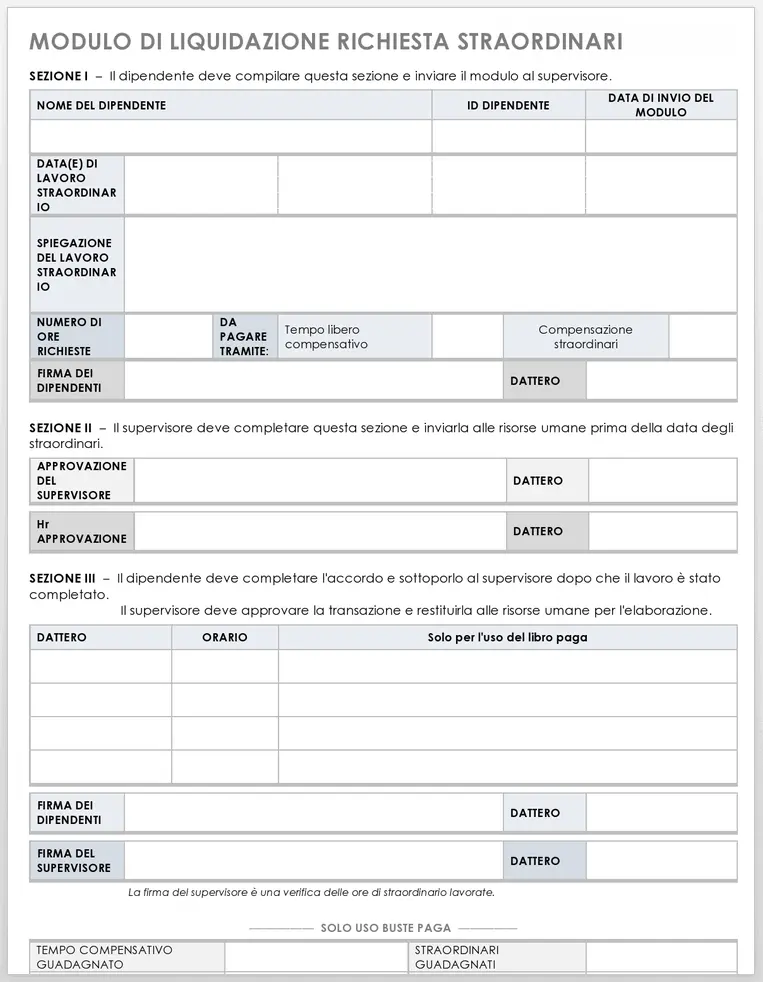 Modello di modulo di liquidazione della richiesta di straordinari