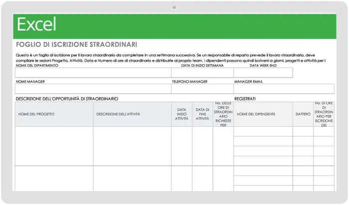 Modello di foglio di iscrizione agli straordinari