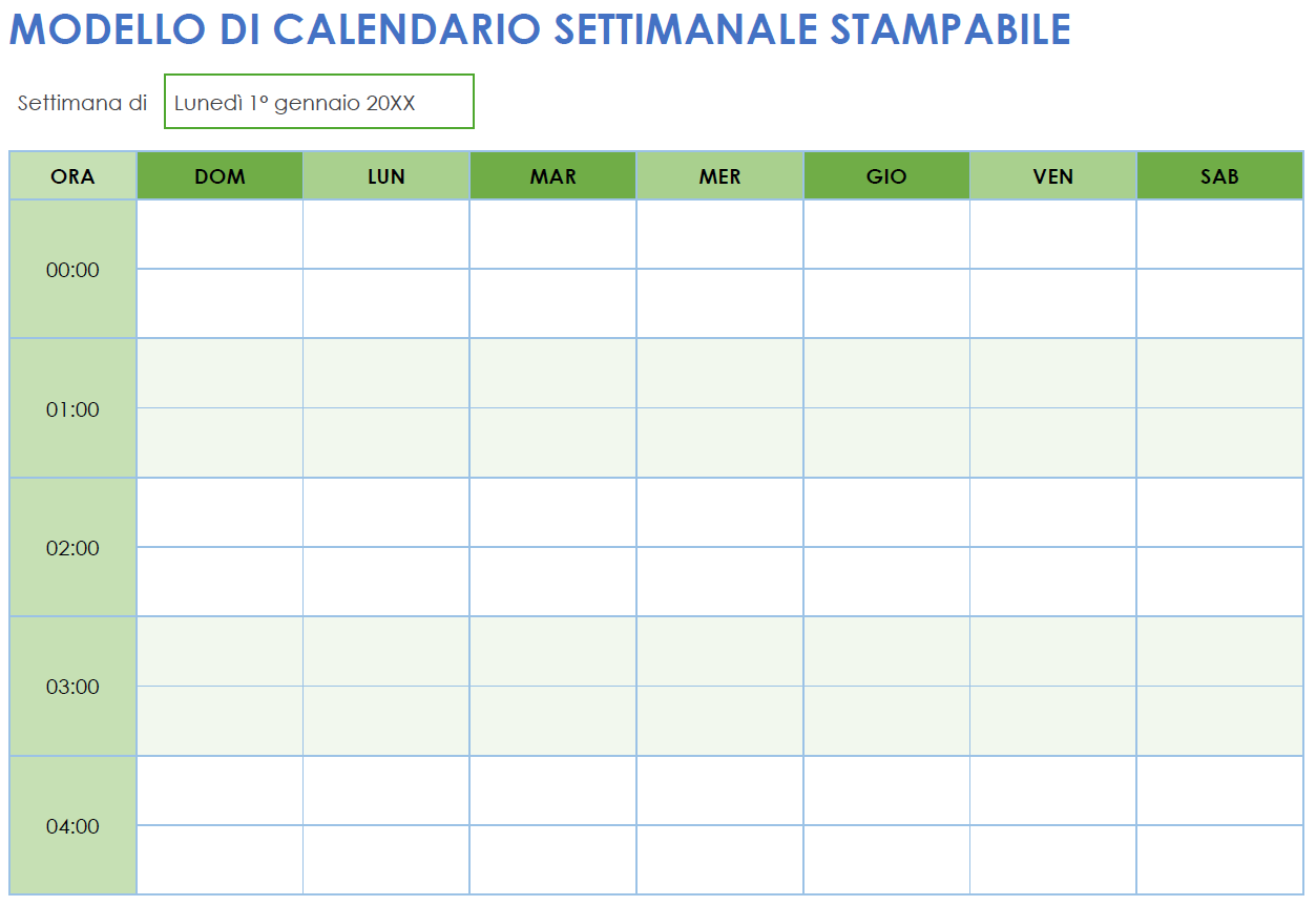 Modello di calendario giornaliero stampabile (orizzontale)