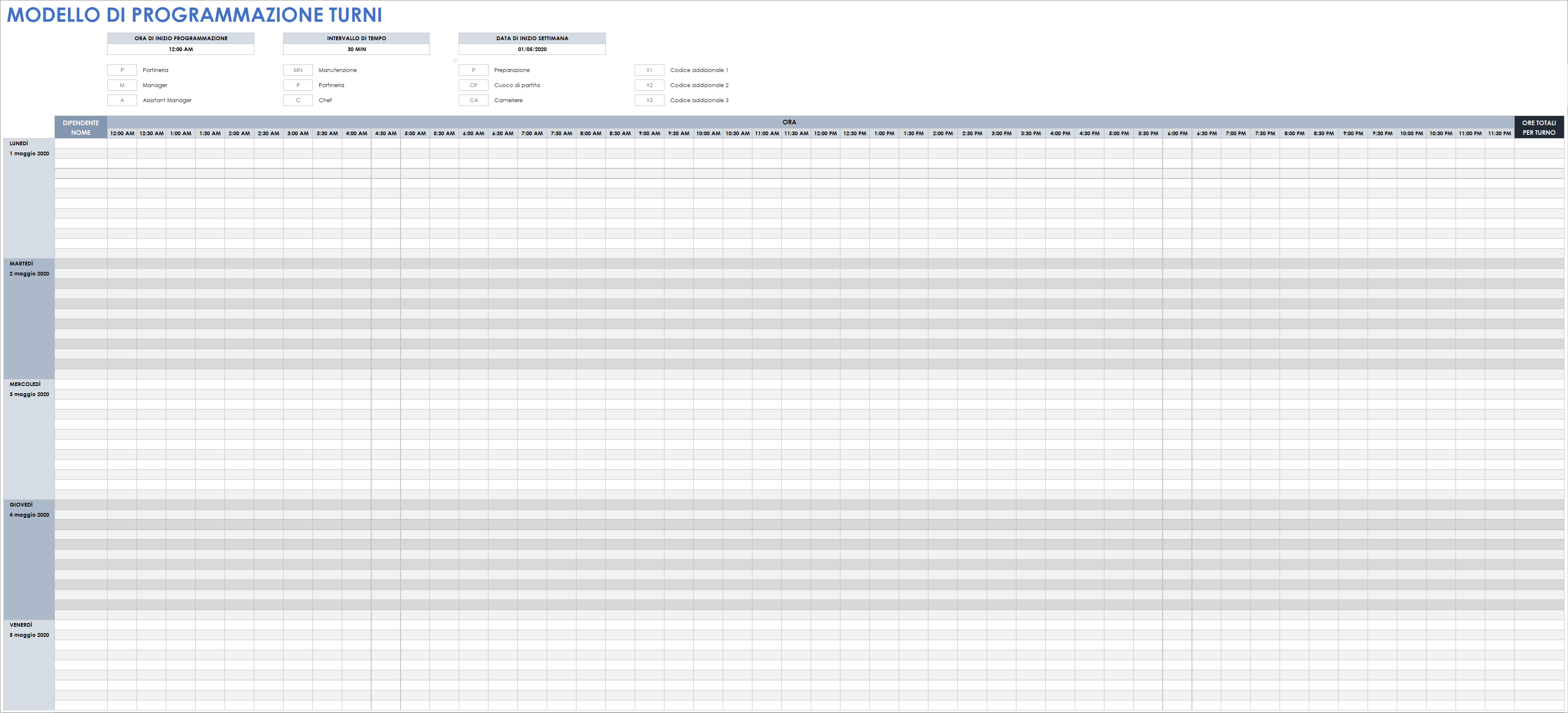 Modello di piano turni