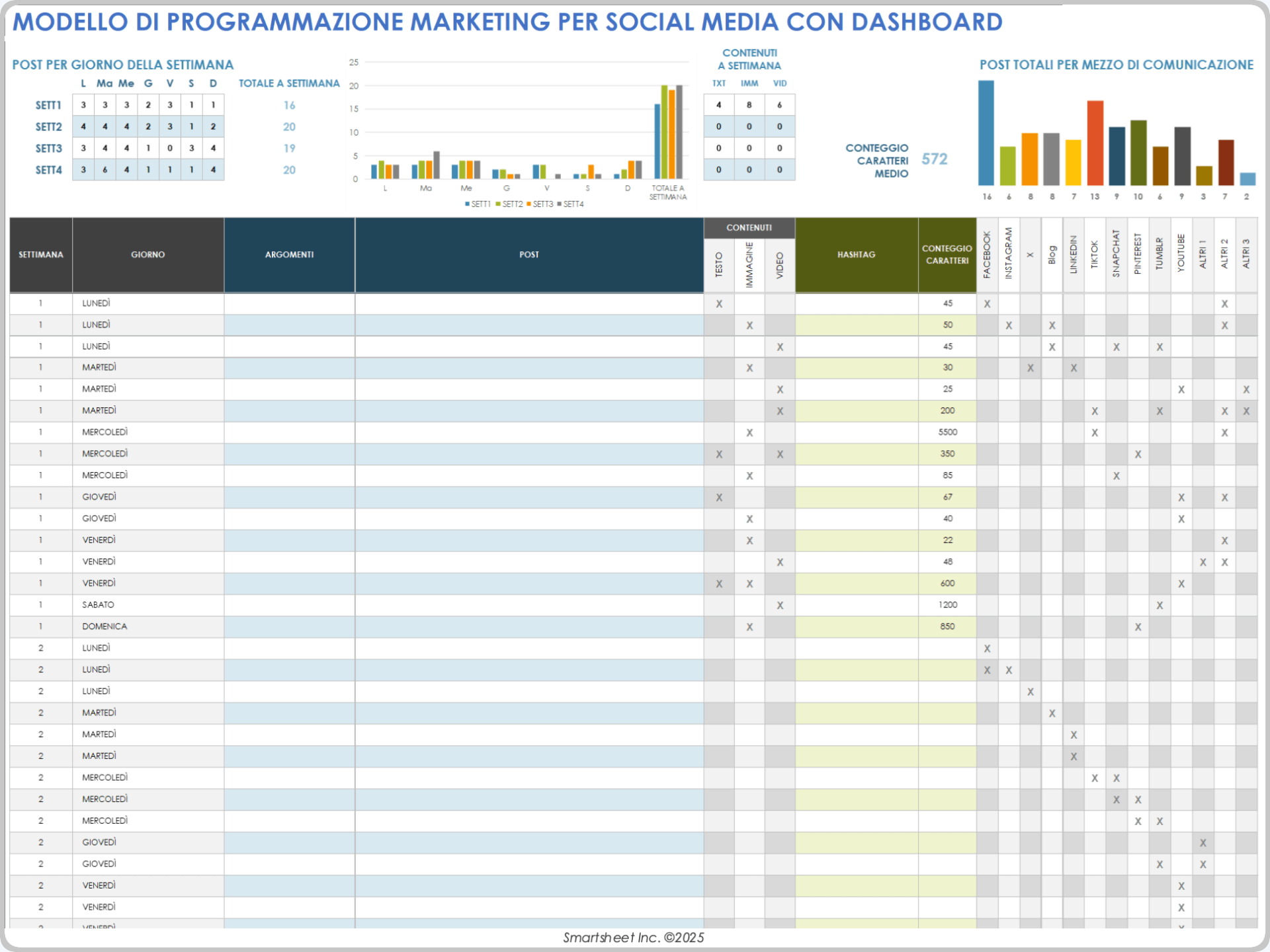 Programma di marketing sui social media con modello di dashboard