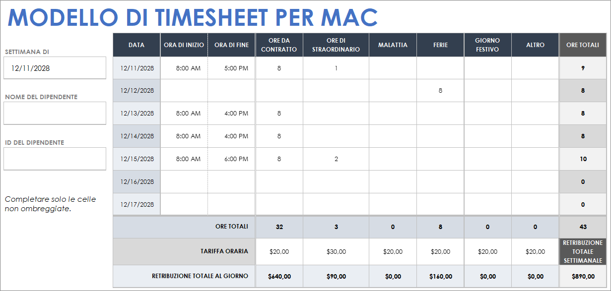 Modello di foglio di presenza per Mac