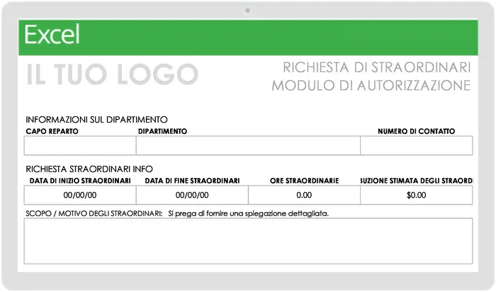 Modello di modulo di richiesta per straordinari universitari