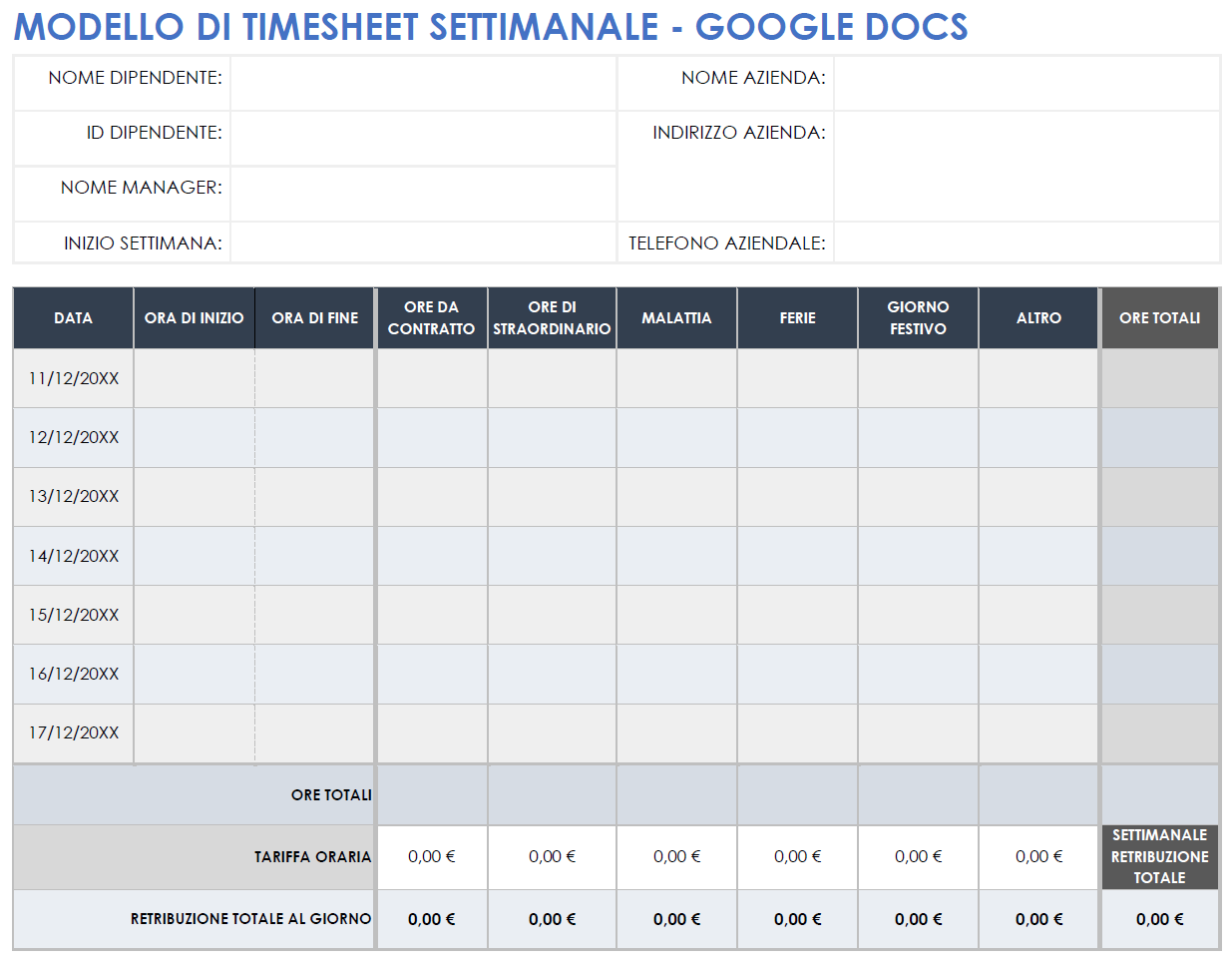 Modello di timesheet settimanale