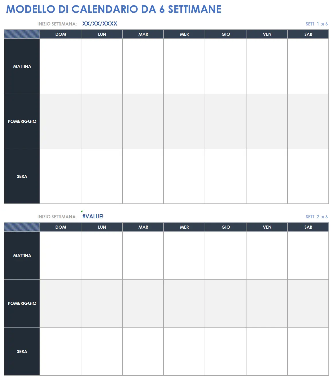 Modello di calendario di 6 settimane