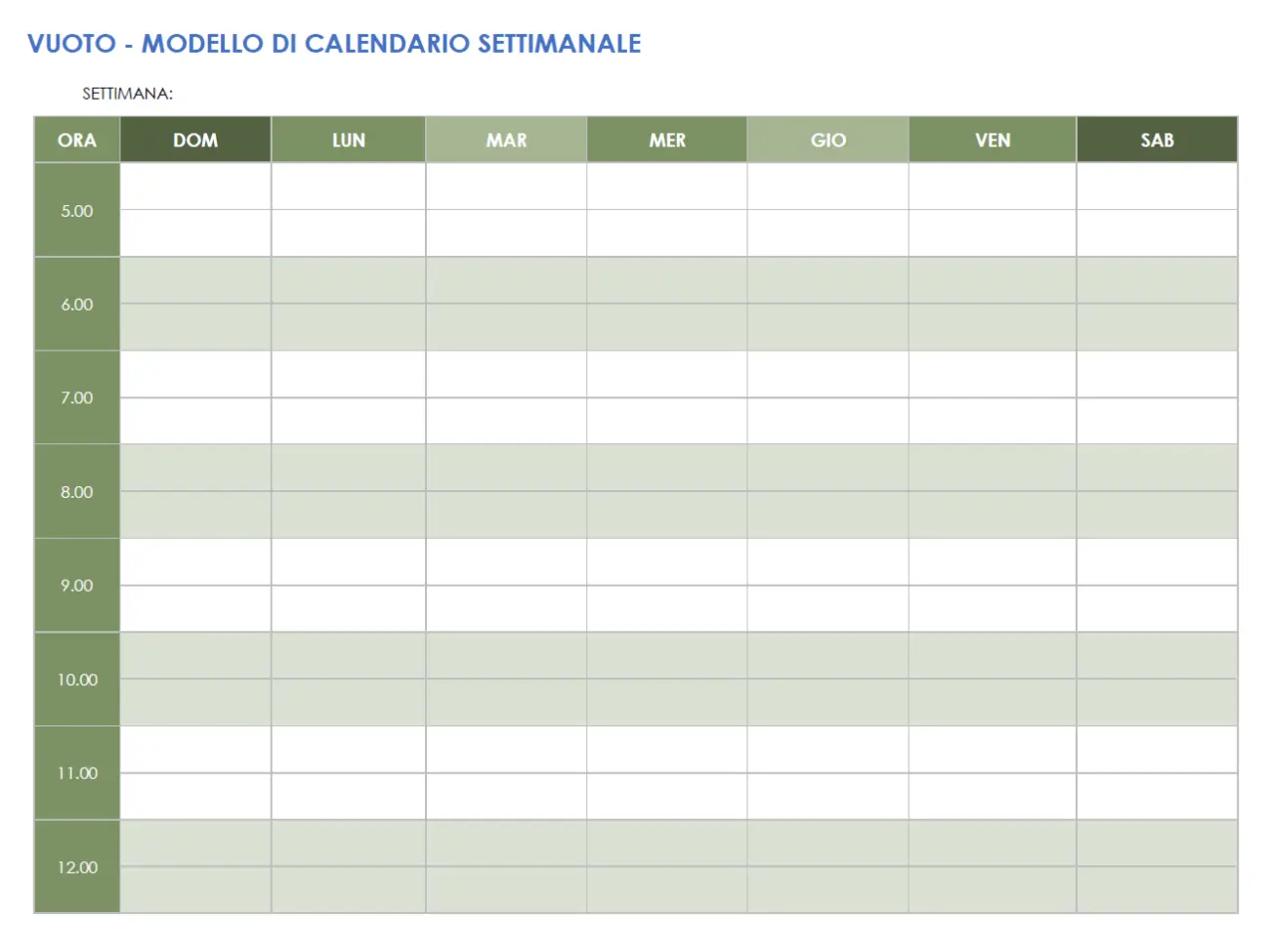 Modello di calendario settimanale vuoto orizzontale