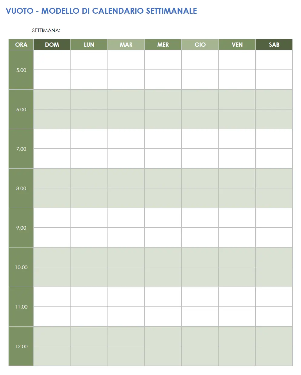 Modello di calendario settimanale vuoto con ritratto