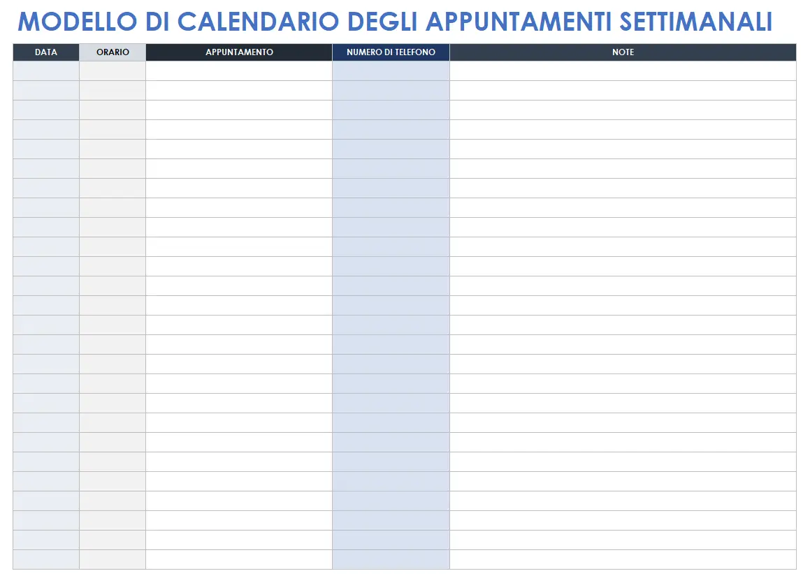 Modello di calendario degli appuntamenti settimanali