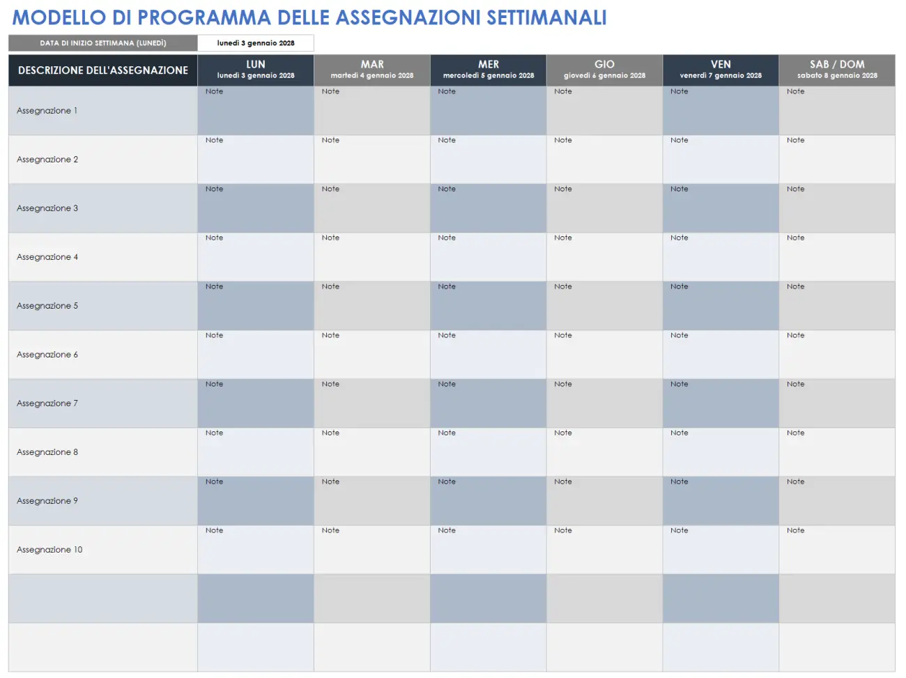 Modello di programma di assegnazione settimanale