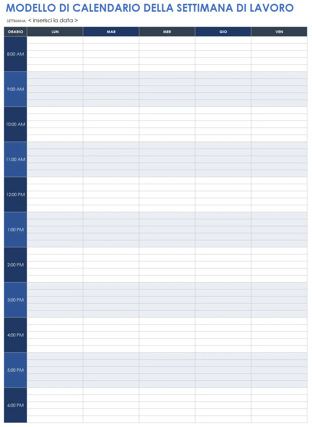 Modello di calendario della settimana lavorativa