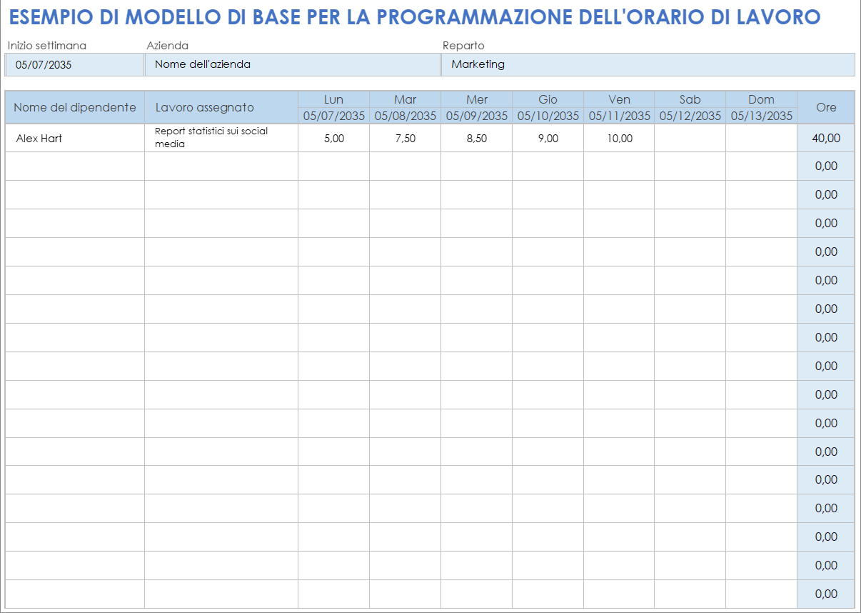 Esempio di modello di base per la programmazione dell'orario di lavoro