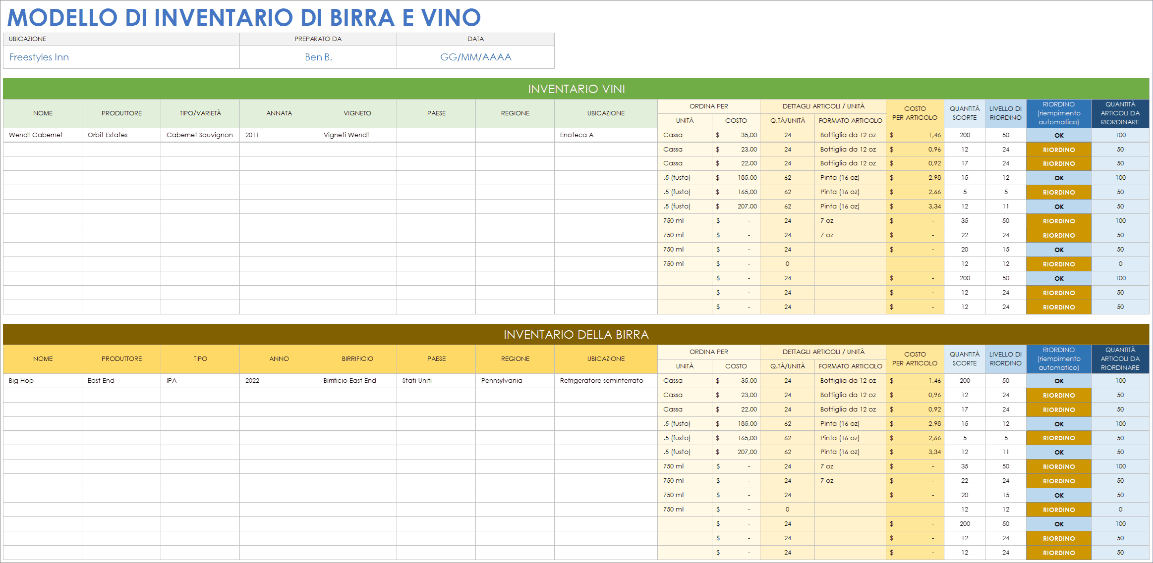 Modello di inventario di birra e vino