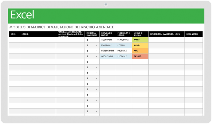 Modello di matrice di valutazione dei rischi aziendali