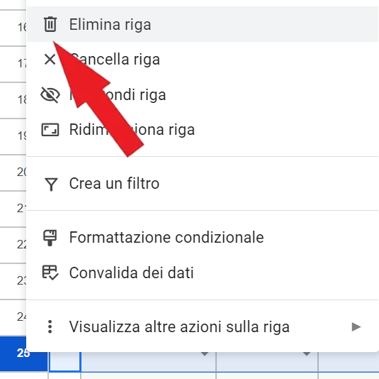 Crea un elenco di controllo del progetto in Fogli Google Elimina riga