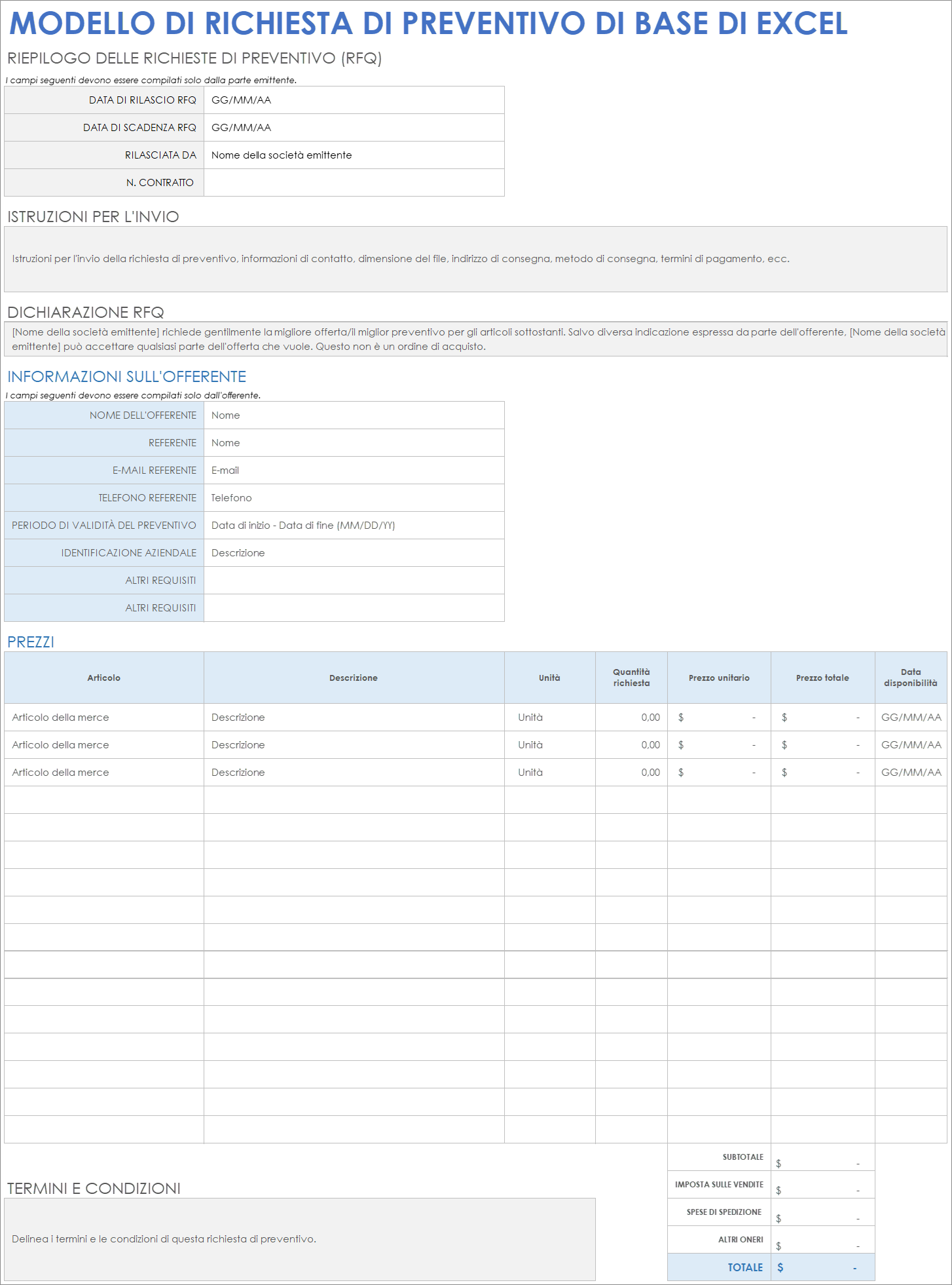 Modello di richiesta di preventivo di base di Excel